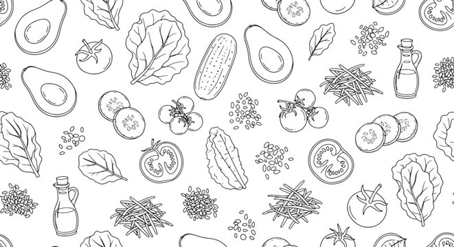Seamless hand drawn vector pattern featuring fresh salad ingredients like avocado tomato cucumber lettuce spinach seeds and olive oil in minimalist.