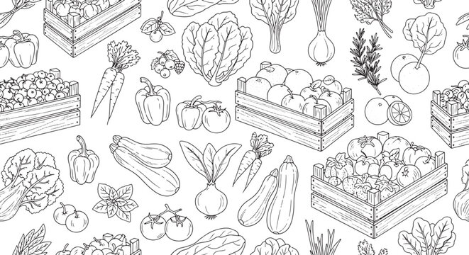 Seamless Hand Drawn Vector Pattern of Fresh Organic Vegetables in Wooden Crates and Loose Produce for Market Background