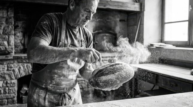 Baker scoring sourdough bread with flour dust in a rustic bakery