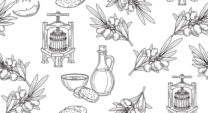 Seamless vector pattern featuring hand drawn olive branches oil bottles traditional wooden presses and bread in vintage sketch style