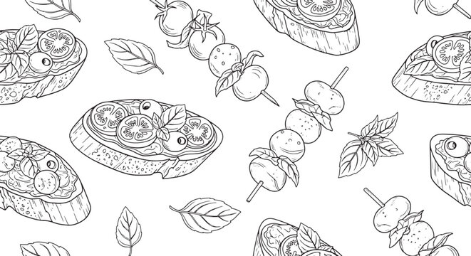 Hand drawn seamless pattern of bruschetta with tomatoes basil and mozzarella skewers in black and white vector sketch style