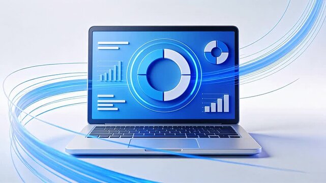 Laptop with data charts and flowing lines