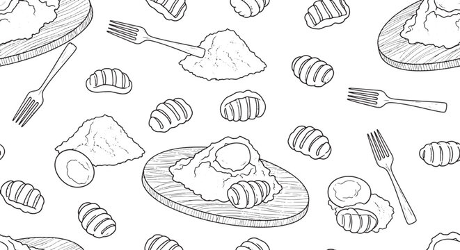 Seamless pattern of hand drawn gnocchi pasta making process with flour eggs forks and wooden boards in vintage sketch style vector illustration