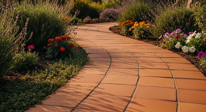 Warm terracotta garden path winding through lush plants