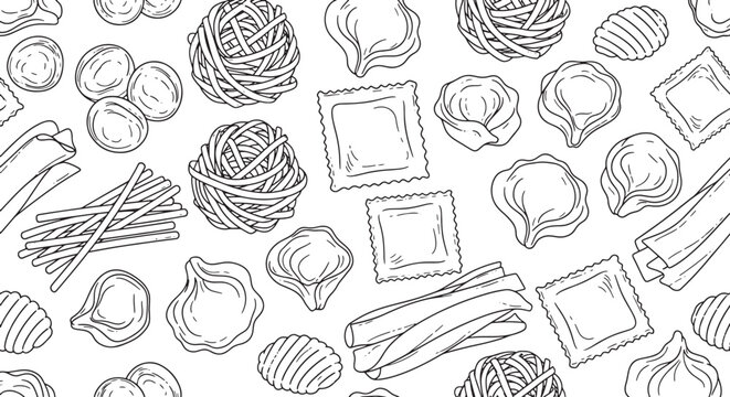 Seamless Vector Pattern of Hand Drawn Italian Pasta Varieties Including Ravioli Tortellini Tagliatelle and Penne Sketch Illustration for Culinary Background