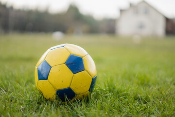 Obraz premium Blue and yellow soccer ball on grass 