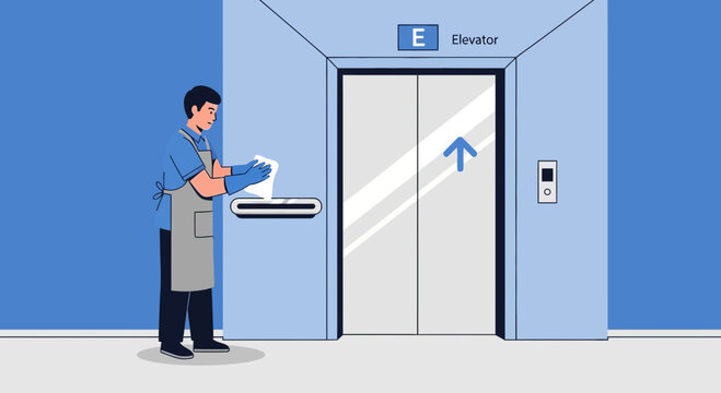 Janitor cleaning elevator buttons and doors with disinfectant wipe for hygiene and safety
