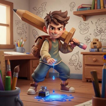 Cartoon boy creating magic with glowing blue ink and giant pencil