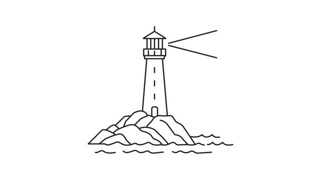 Minimalist Black Line Vector Icon of a Lighthouse on a Rocky Island with Light Beams and Ocean Waves, Clean Scalable SVG Illustration with Editable Stroke for Nautical and Maritime Design.