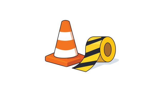 Road Cone and Yellow Caution Tape Roll Editable Stroke Vector Icon. Modern flat illustration of construction safety equipment for roadwork, maintenance, and hazard warning on white background.
