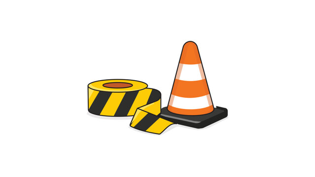 Modern Flat Vector Icon of an Orange Traffic Cone and Yellow Caution Tape Roll for Construction and Safety Warning, Editable Stroke Illustration on White Background for Web and App Design.