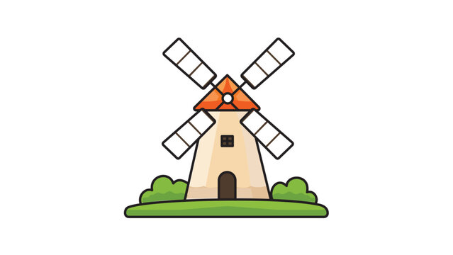 Traditional Dutch Windmill Vector Icon Illustration with Editable Stroke. Modern flat design of a tall windmill building on green grass, ideal for travel, renewable energy, and farm concepts.