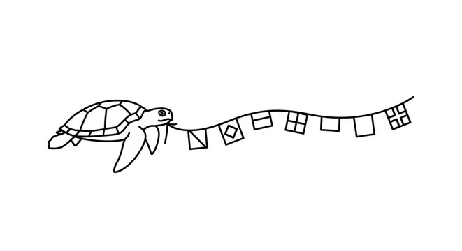 Sea Turtle Swimming with Nautical Flags in Black and White.