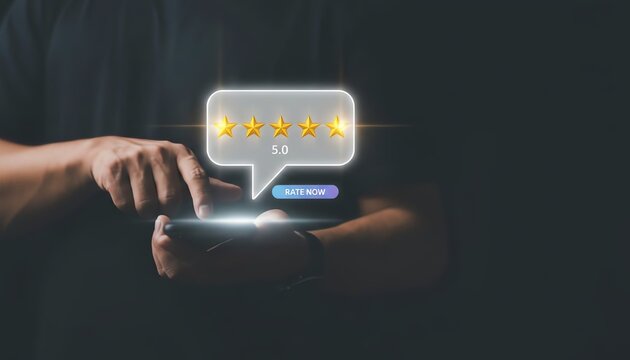 Businessman using smartphone to give five star rating on customer satisfaction survey, representing excellent service, client feedback, and digital reputation management for modern businesses.