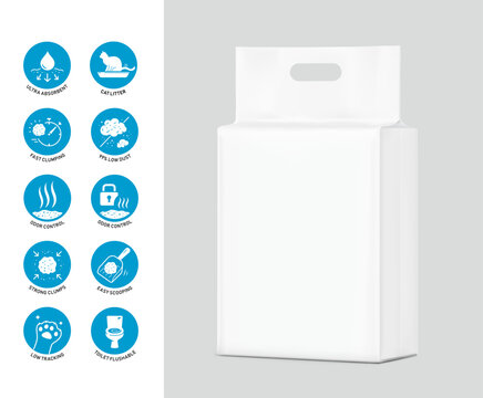 Vacuum bag with handle mockup set for cat litter with set icons. Half side view. Vector illustration isolated on grey background. Ready for use in presentation, advertising. EPS10.