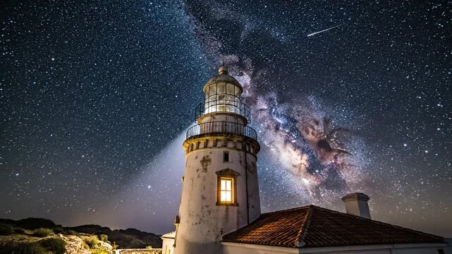 Historic white stone lighthouse with a bright beacon beam and lit window at night, standing under a vibrant Milky Way galaxy and a vast star filled sky with cosmic nebulae.