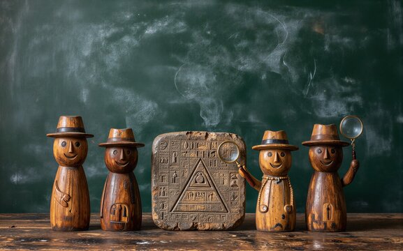 Wooden detective figures examine ancient hieroglyphic stone tablet
