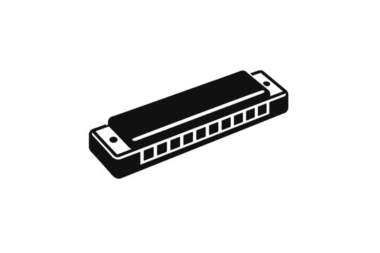 Classic Black Harmonica Icon Design for Music Enthusiasts and Instrument Lovers. A Simple Yet Elegant Vector Silhouette of a Traditional Mouth Organ, Perfect for Educational Content, Blues Harp Imager