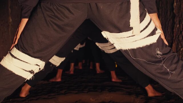 A troupe of barefoot dancers in dark, contemporary costumes performs a synchronized, rhythmic movement in a mysterious passage. This experimental piece is viewed from a unique low angle.