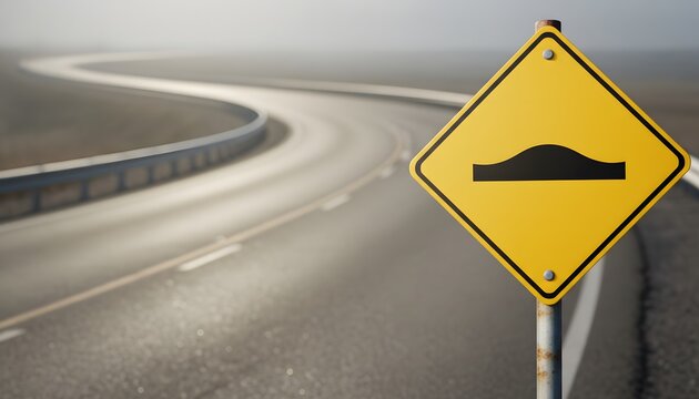 Close up of an uneven surface warning sign on the side of a winding asphalt road with heavy fog representing a difficult journey and challenge concept for business obstacles