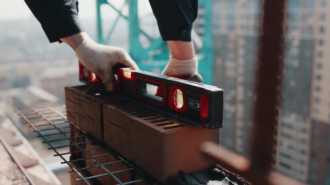 Checking brick alignment with spirit level during wall construction
