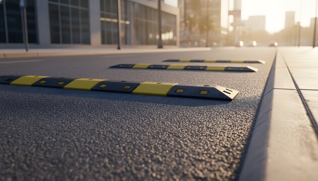 Urban street with speed bumps on asphalt road for traffic control and road safety concept featuring yellow and black rumble strips in modern city at sunset light