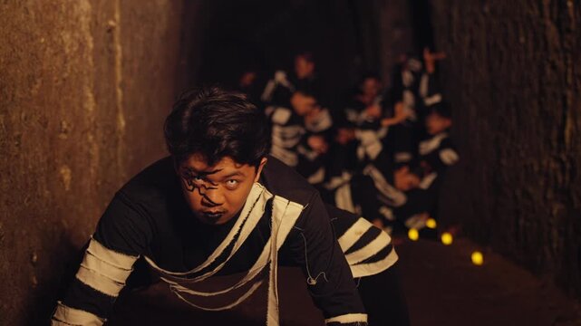A dramatic male performer with intense makeup stares directly at the camera in a crawling pose, leading a group of dancers through a dark, candle-lit tunnel in a creepy, ritualistic scene.