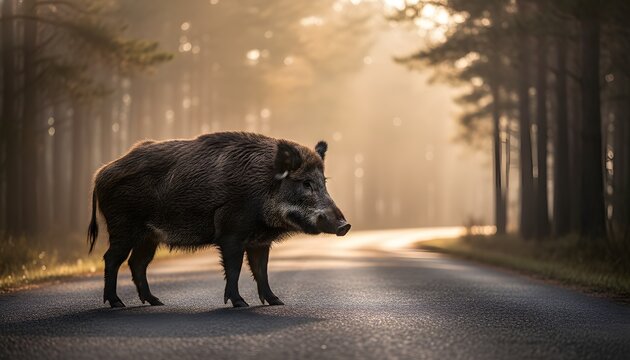 Large wild boar on an asphalt road in a misty forest at dawn, illustrating a wildlife hazard concept and the intersection of nature and rural roads during golden hour