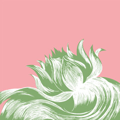 Naklejka premium Hand drawn Japanese inspired blooming lotus background. Vintage woodcut style featuring sage green and white textured petals on a soft pink backdrop. Elegant artisan floral art.