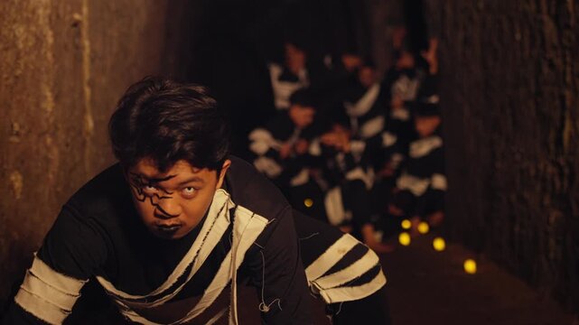A theatrical performer with striking makeup leads a crawling procession in a dark, narrow tunnel. The group behind raises their hands in a haunting, ritualistic, and cult-like display.