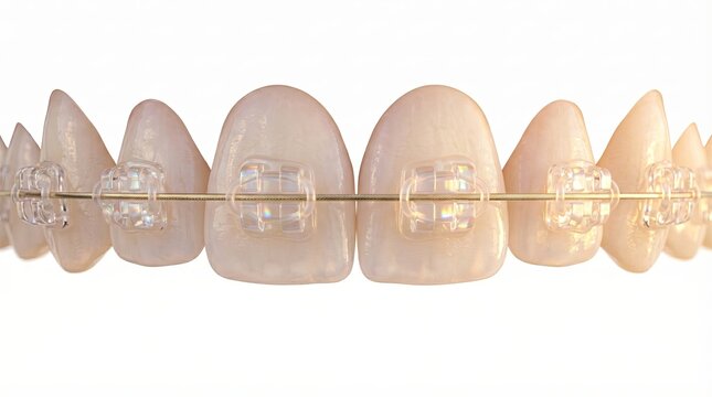 Highresolution scene showing ceramic braces on upper incisors in modern dental clinic