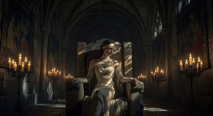 Fototapeta premium Mysterious Woman Wrapped in Bandages in Gothic Castle Candlelight Scene
