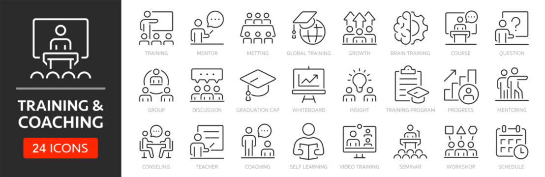 Training and coaching line icon set. Editable Stroke. Coach, mentoring, conference, motivation, potential, mentor, skill - stock vector.