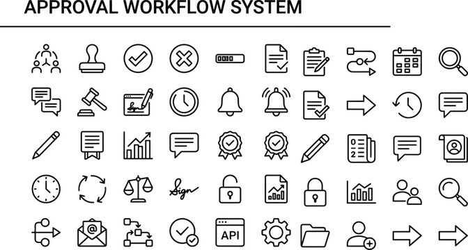 Approval workflow system line icon set for document verification process management compliance control and business automation applications
