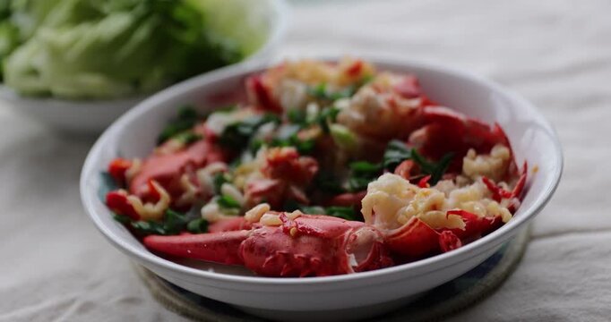 Cooked ameraican lobster on the table for eat