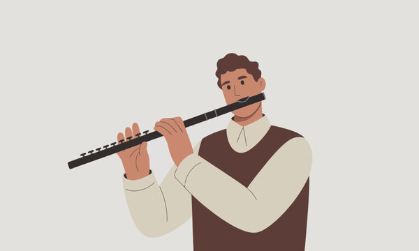 Flat Vector Illustration of a Male Musician Playing the Flute