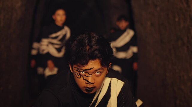 A male performer with dramatic makeup stares intensely at the camera as a mysterious group in matching costumes slowly approaches from the darkness, creating a tense and intimidating atmosphere.