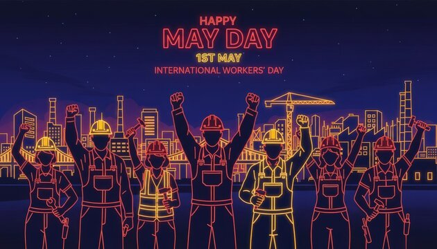 Workers Celebrating May Day at Dusk, Raised Fists Symbolizing Labor Rights, Unity and Solidarity on International Workers&rsquo; Day.