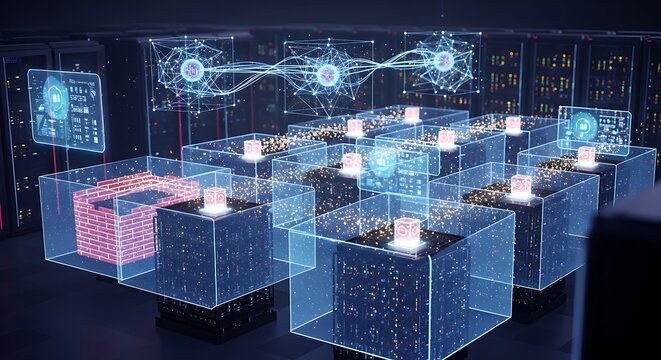 Advanced server room with glowing digital cubes and network connections connection technology computing futuristic abstract information electronic internet