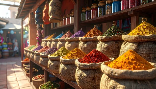 Colorful Spices Displayed in Sacks at a Market Stall.