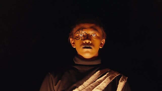 Lit from below against a black background, a man with dramatic spider makeup and white contact lenses approaches the camera with a wide-eyed expression of shock, fear, or awe.