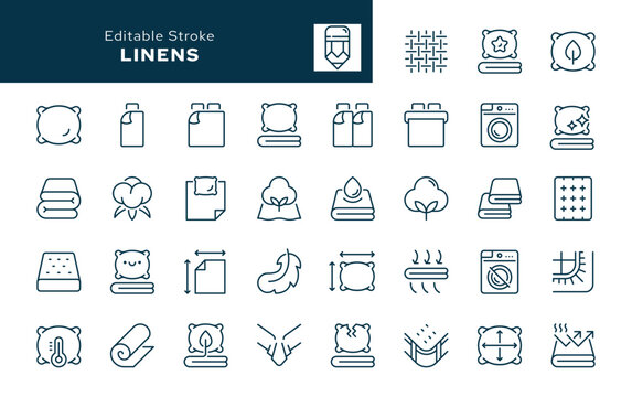 Linens. Set of outline icons. Pillowcase, duvet cover, sheet, single and double bed linen set, pillow, mattress, blanket and more.Line icon in linear style. Vector collection	