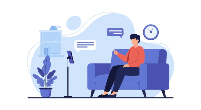 Man video calling on sofa at home, online communication, digital lifestyle