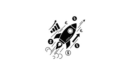 Fototapeta premium Black and white rocket icon with various symbols.