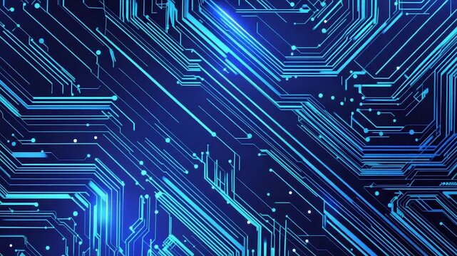 A digital circuit board glows with blue lines and dots on a dark background