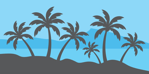 Obraz premium silhouette of coconut tree in flat style. illustration of palm tree in flat style. summer background. summer theme scenery 