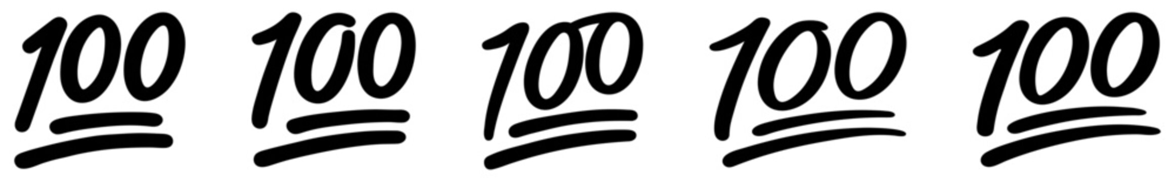 100 emoji symbol set with hundred mark, handwritten, score, percent, social media, messaging, sticker, approval, success symbols. Black outline number signs collection.