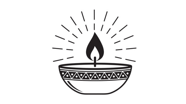 Candle flame icon with sun rays and patterned bowl outline for spiritual celebration and meditation design
