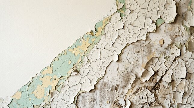 Decaying Wall Surface: A close-up shot revealing the textured surface of a deteriorating wall, where cracked, peeling paint unveils layers of age, history, and neglect.
