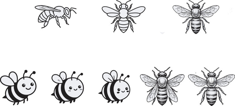 Bee illustration set, cartoon and realistic insect collection, honeybee drawings, black outline vector, cute and detailed bees,